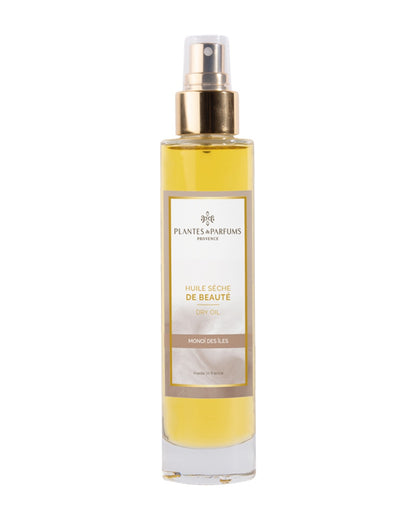 Huile sèche de beautè avec vaporisateur 100 ml, Monoï des îles de Plantes & Parfums. Contenant en verre.