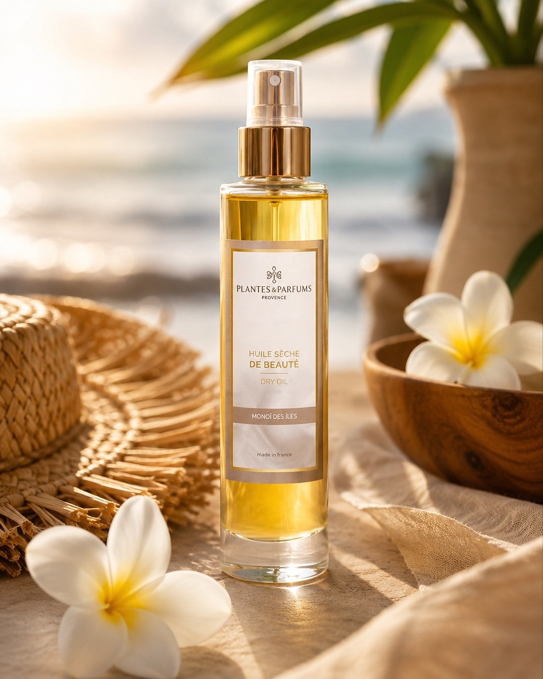 Huile sèche de beautè avec vaporisateur 100 ml, Monoï des îles de Plantes & Parfums. Contenant en verre, ambiance tropicale.