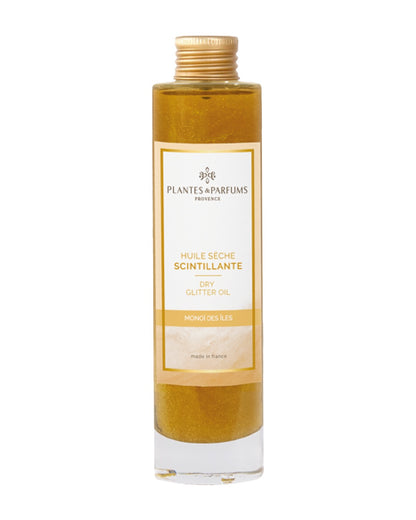 Huile sèche scintillante 100 ml, Monoï des îles de Plantes & Parfums. Contenant en verre.