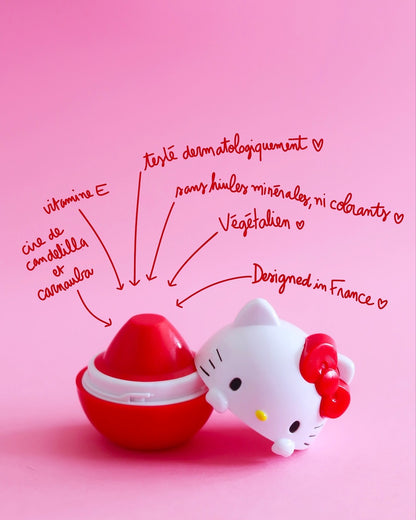Infographie présentant le baume ouvert avec des annotations manuscrites sur les bienfaits : vitamine E, cires naturelles, végétalien et testé dermatologiquement.