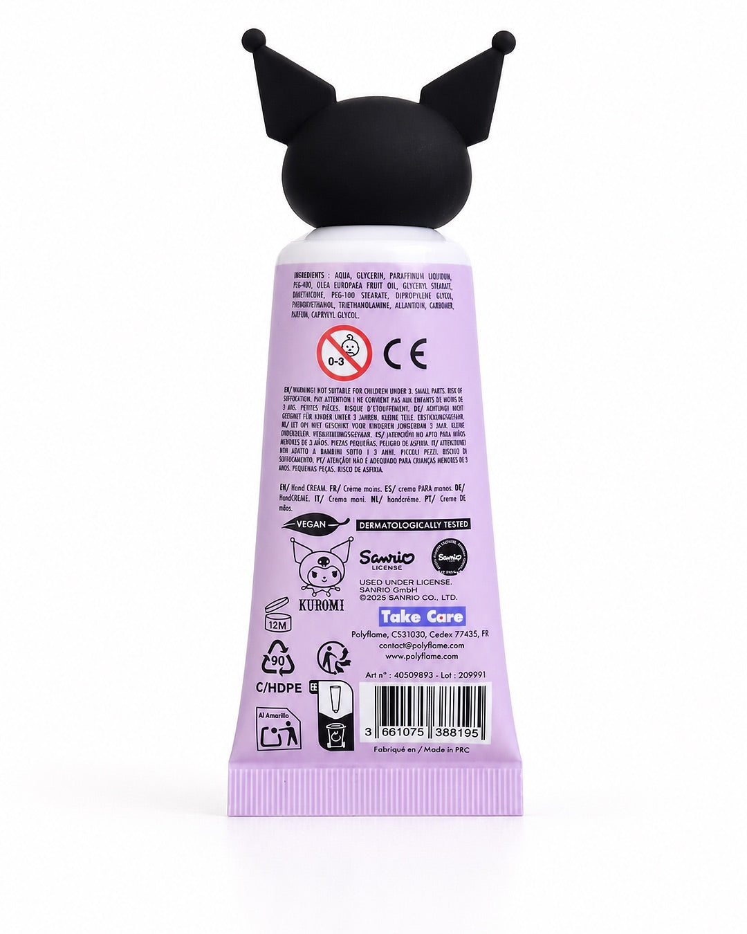Vue arrière du tube de crème pour les mains Kuromi montrant la liste des ingrédients, le code-barres et le mode d'emploi.