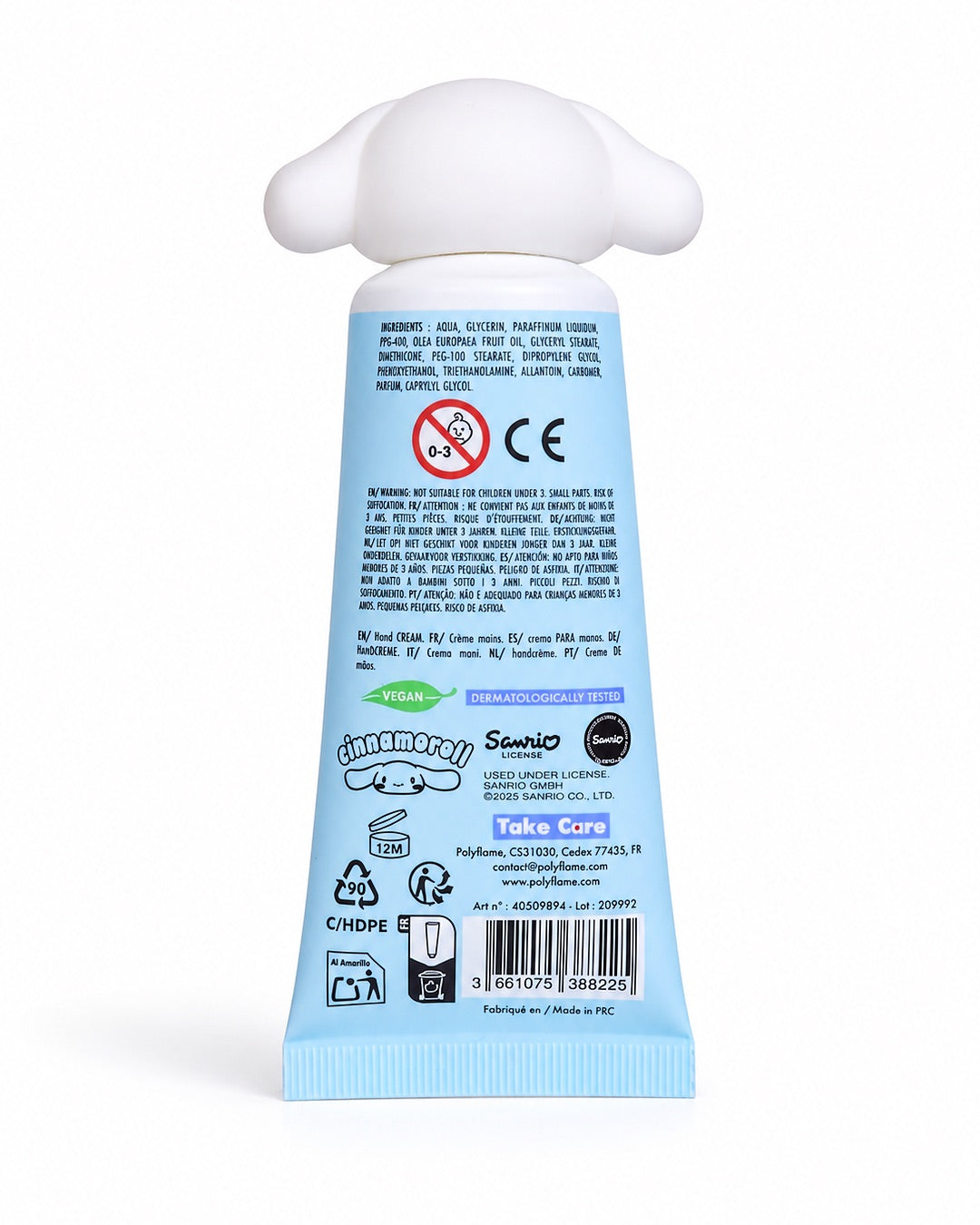Tube de crème pour les mains bleu clair de 40 ml avec un bouchon en forme de tête 3D de Cinnamoroll et une illustration de noix de coco.