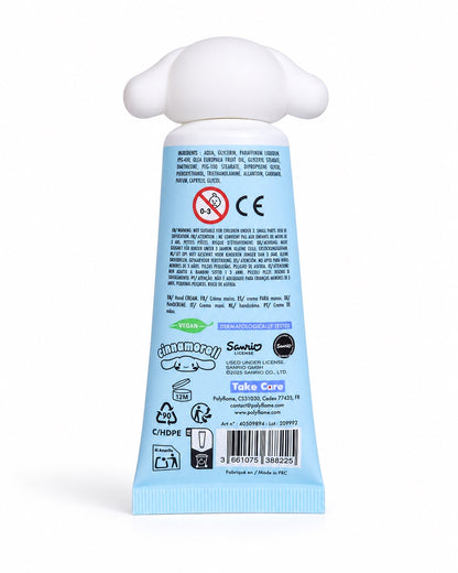 Tube de crème pour les mains bleu clair de 40 ml avec un bouchon en forme de tête 3D de Cinnamoroll et une illustration de noix de coco.