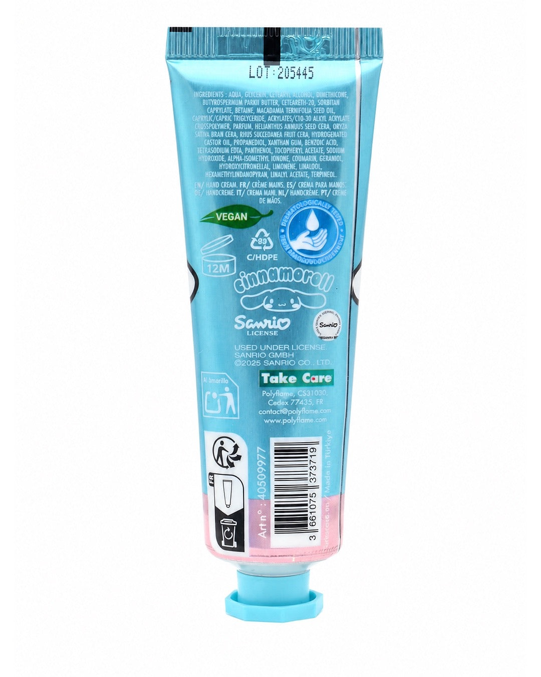 Tube de crème pour les mains de 30 ml bleu métallique et rose avec une illustration du personnage Cinnamoroll de Sanrio et des étoiles.