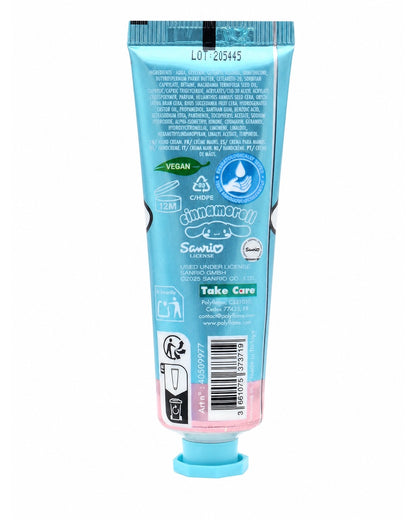 Tube de crème pour les mains de 30 ml bleu métallique et rose avec une illustration du personnage Cinnamoroll de Sanrio et des étoiles.