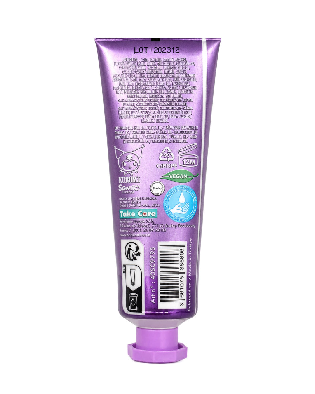 Vue arrière du tube de crème mains et ongles Kuromi montrant la liste des ingrédients, le code-barres et le mode d'emploi.