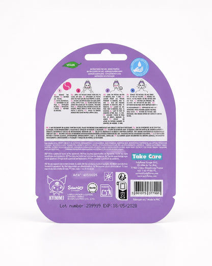 Verso du sachet mauve de patchs hydratants contour des yeux hydrogel Kuromi Sanrio à l'acide hyaluronique, montrant les ingrédients.