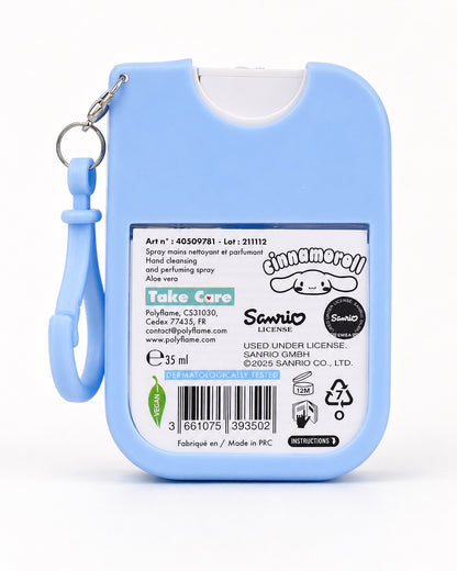 Désinfectant pour les mains en spray bleu de 35 ml avec une illustration de Cinnamoroll et un mousqueton d'attache en plastique.