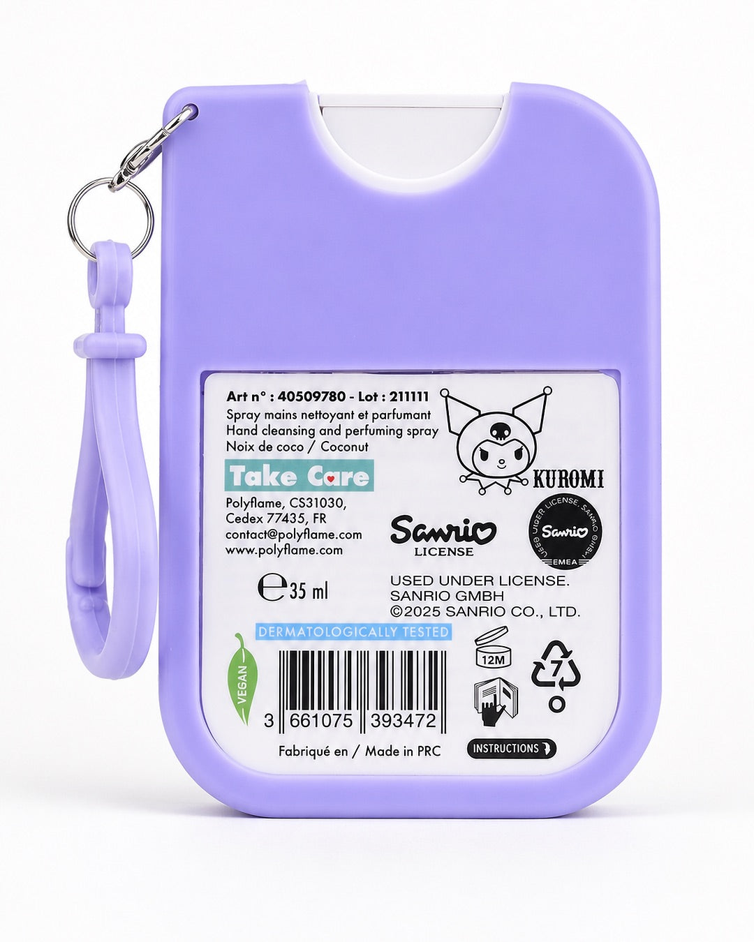 Vue arrière du flacon pulvérisateur de spray mains Kuromi montrant la liste des ingrédients et les précautions.