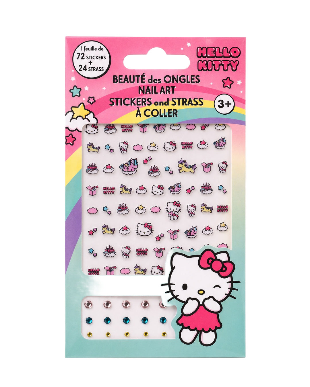 Vue de face du kit d’autocollants et strass pour ongles Hello Kitty Beauté des Ongles Nail Art dans son emballage coloré.