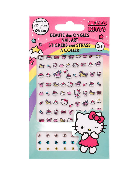 Vue de face du kit d’autocollants et strass pour ongles Hello Kitty Beauté des Ongles Nail Art dans son emballage coloré.