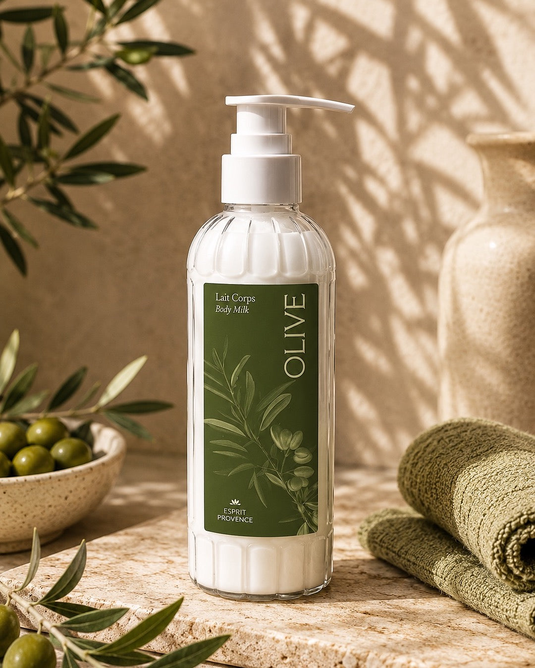 Lait pour corps aux Fleurs d’Olivier 240 ml, enrichi en huiles d’amande douce et d’argan, en beurre de karité et jus d’aloe vera bio. Signé Esprit Provence. Dans son ambiance olfactive.