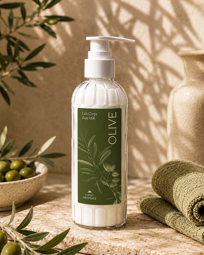 Lait pour corps aux Fleurs d’Olivier 240 ml, enrichi en huiles d’amande douce et d’argan, en beurre de karité et jus d’aloe vera bio. Signé Esprit Provence. Dans son ambiance olfactive.