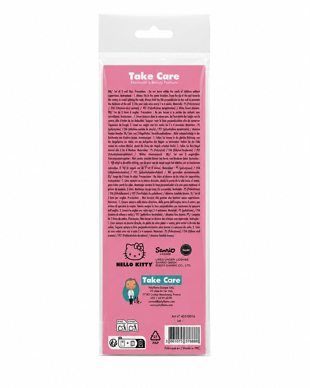 Vue arrière du carton d’emballage rose détaillant les précautions d’emploi, les conseils d’utilisation pour la manucure et le code-barres.