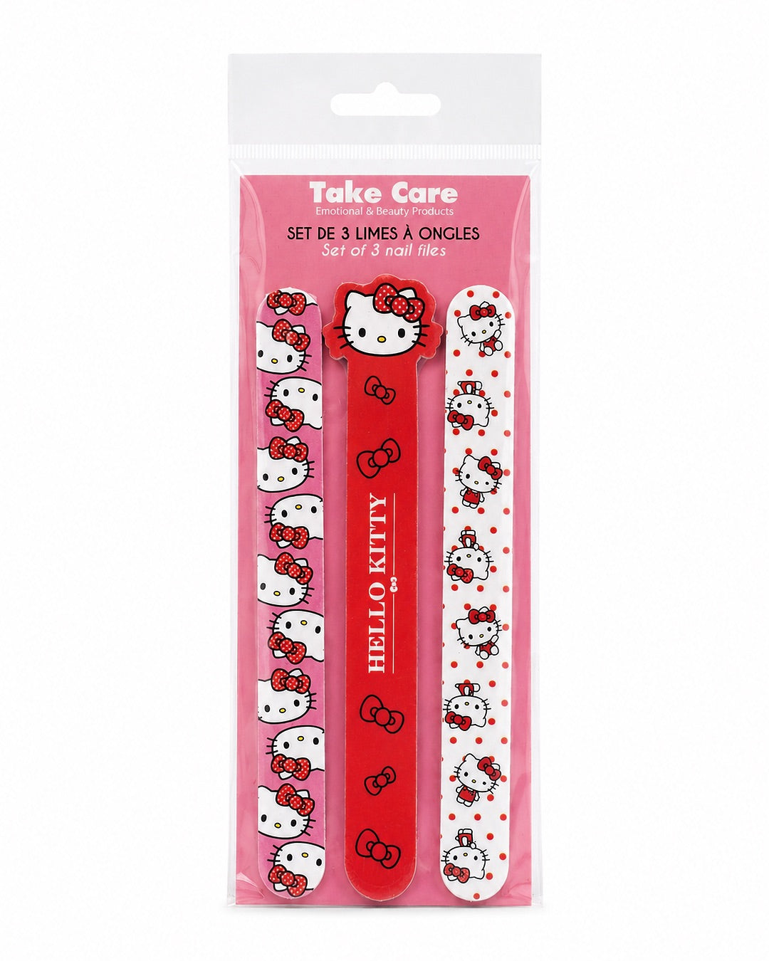 Ensemble de 3 limes à ongles Hello Kitty de Sanrio présenté de face dans son emballage de protection transparent de la marque Take Care.