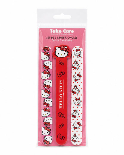 Ensemble de 3 limes à ongles Hello Kitty de Sanrio présenté de face dans son emballage de protection transparent de la marque Take Care.