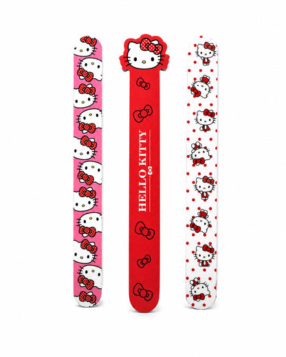 Vue de face d’un lot exclusif de 3 limes à ongles Hello Kitty de haute qualité aux motifs kawaii de couleur rose, rouge et blanche.