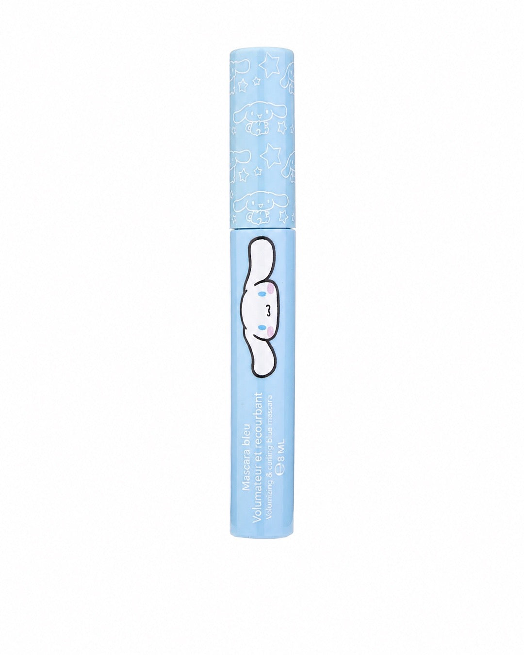 Boîtier d'emballage bleu contenant un tube de mascara bleu volumateur et recourbant illustré du personnage Cinnamoroll de Sanrio.