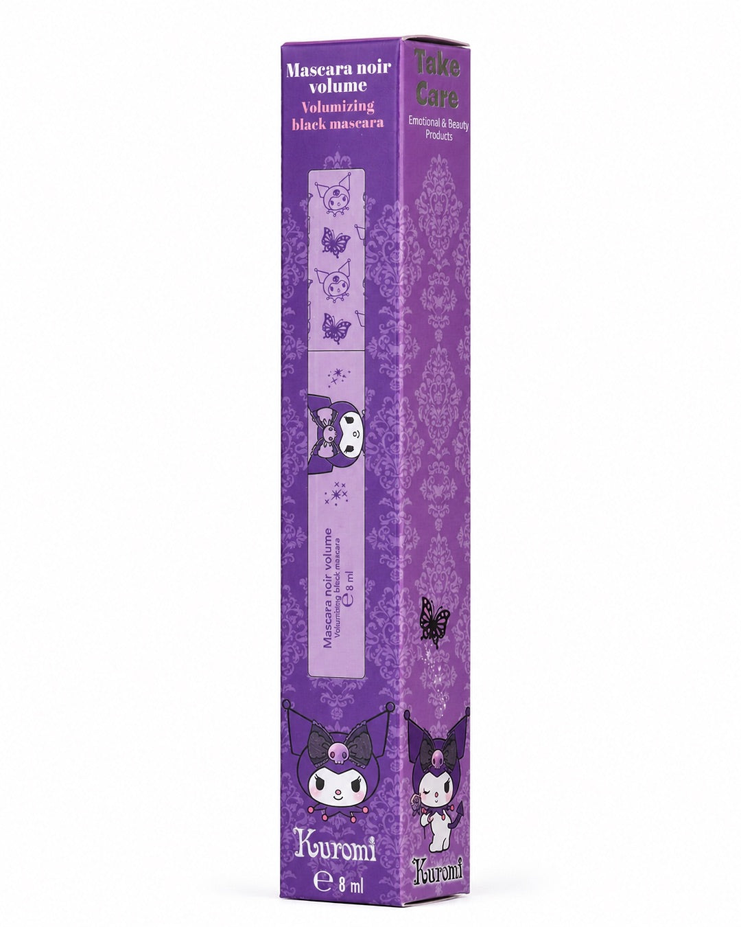 Vue du boitier de couleur mauve, des motifs de papillons et la tête du personnage Kuromi de son tube de mascara.