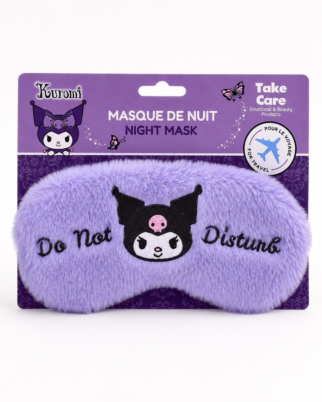 Masque de nuit en peluche Kuromi Sanrio présenté de face sur son emballage cartonné violet Take Care.