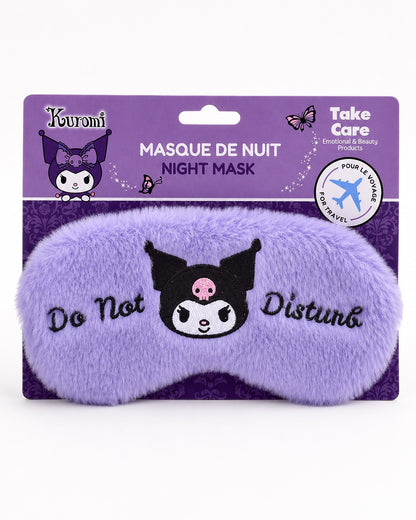 Masque de nuit en peluche Kuromi Sanrio présenté de face sur son emballage cartonné violet Take Care.