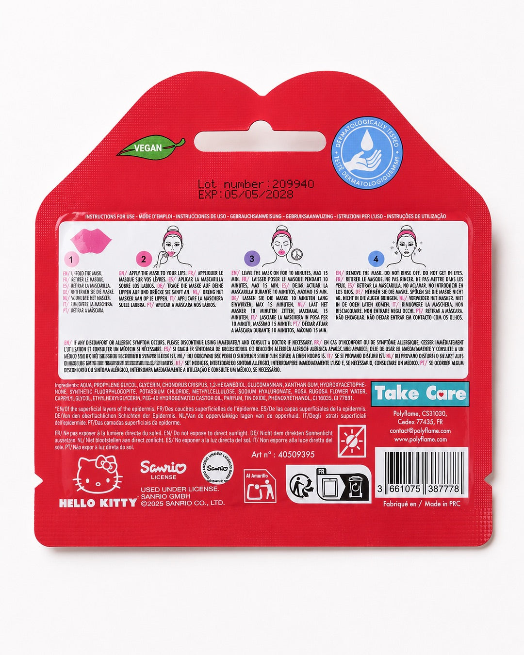 Vue arrière du sachet rouge du masque pour les lèvres, affichant le mode d’emploi illustré, la liste des ingrédients et les logos officiels.