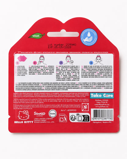Vue arrière du sachet rouge du masque pour les lèvres, affichant le mode d’emploi illustré, la liste des ingrédients et les logos officiels.