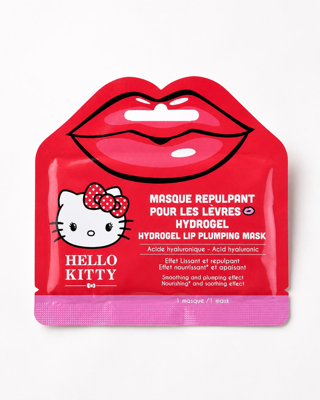 Vue de face du sachet rouge du masque repulpant pour les lèvres en hydrogel Hello Kitty, orné d’un dessin de grandes lèvres rouges.