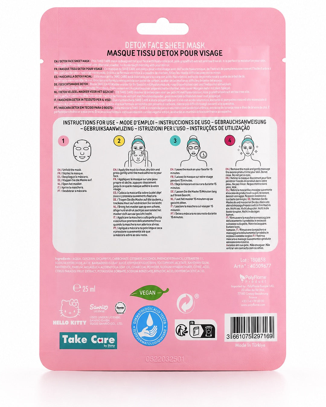 Vue arrière du sachet de masque rose affichant le mode d’emploi illustré en quatre étapes, la liste des ingrédients, le logo végan et le code-barres.