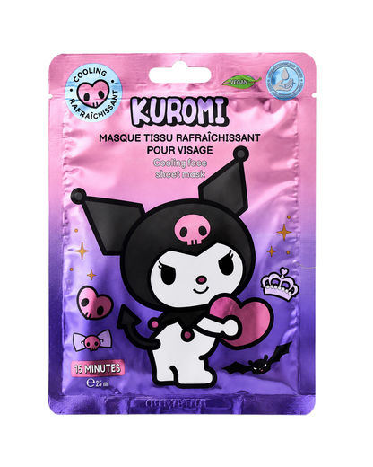Sachet mauve et rose de masque en tissu rafraîchissant pour le visage Kuromi Sanrio avec le dessin noir et blanc du personnage.