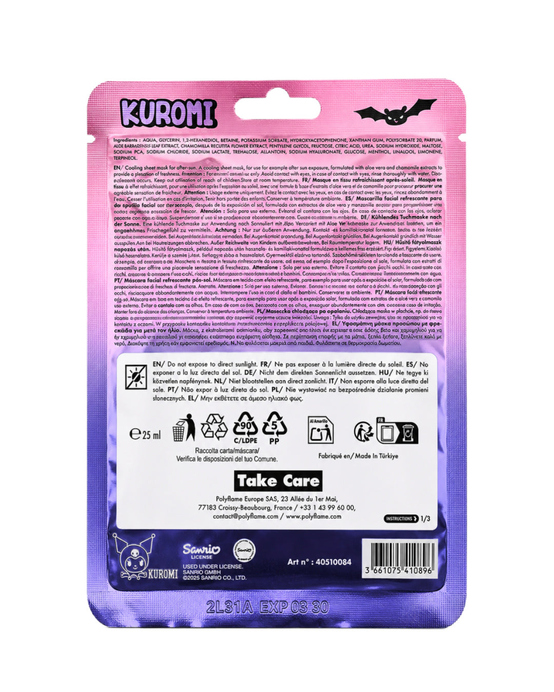 Endos du sachet mauve et rose avec les ingrédients du masque en tissu rafraîchissant pour le visage Kuromi avec le dessin noir et blanc du personnage.