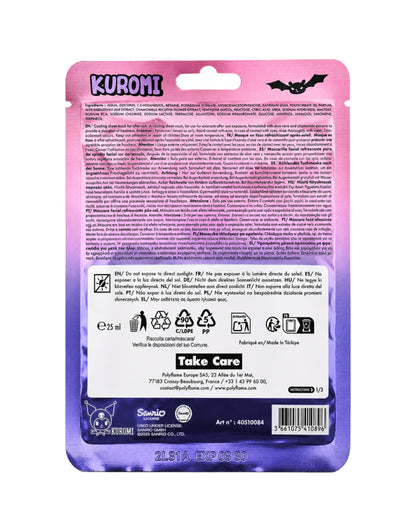 Endos du sachet mauve et rose avec les ingrédients du masque en tissu rafraîchissant pour le visage Kuromi avec le dessin noir et blanc du personnage.