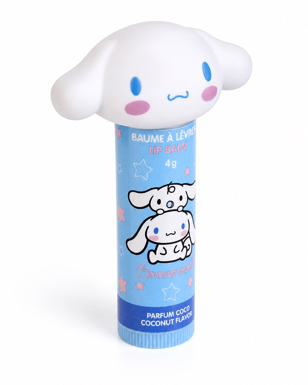 Baume à lèvres bleu de 4 g avec un bouchon en forme de tête 3D de Cinnamoroll présenté dans son emballage d'origine Take Care.