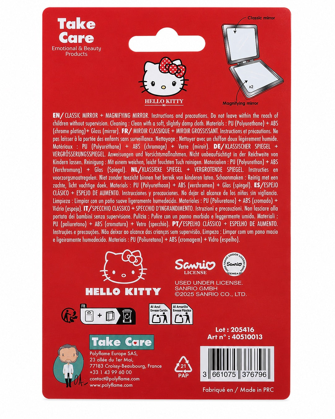 Vue arrière du carton d’emballage rouge détaillant les caractéristiques du double miroir, les conseils de nettoyage et le code-barres.