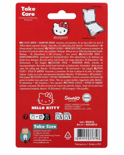Vue arrière du carton d’emballage rouge détaillant les caractéristiques du double miroir, les conseils de nettoyage et le code-barres.