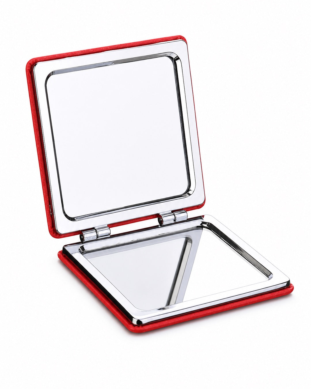 Miroir de poche carré Hello Kitty ouvert à plat, révélant son double miroir intérieur avec un miroir classique et un miroir grossissant.