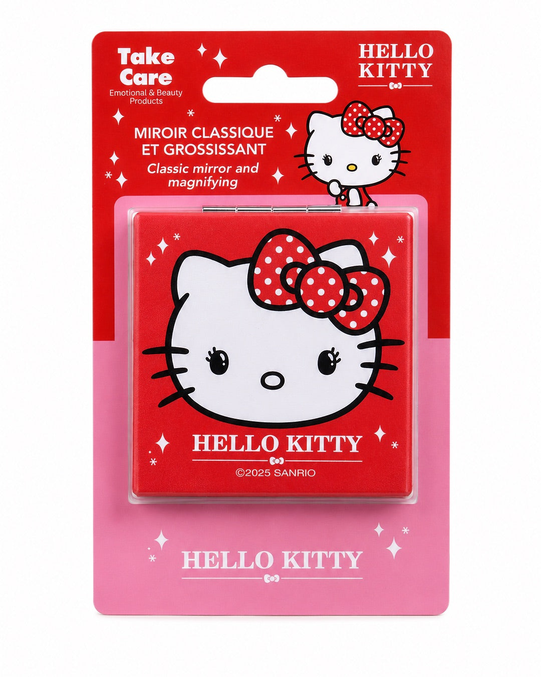 Miroir de poche rouge Hello Kitty présenté sur sa carte d’emballage de vente rose et rouge officielle de la marque Take Care.