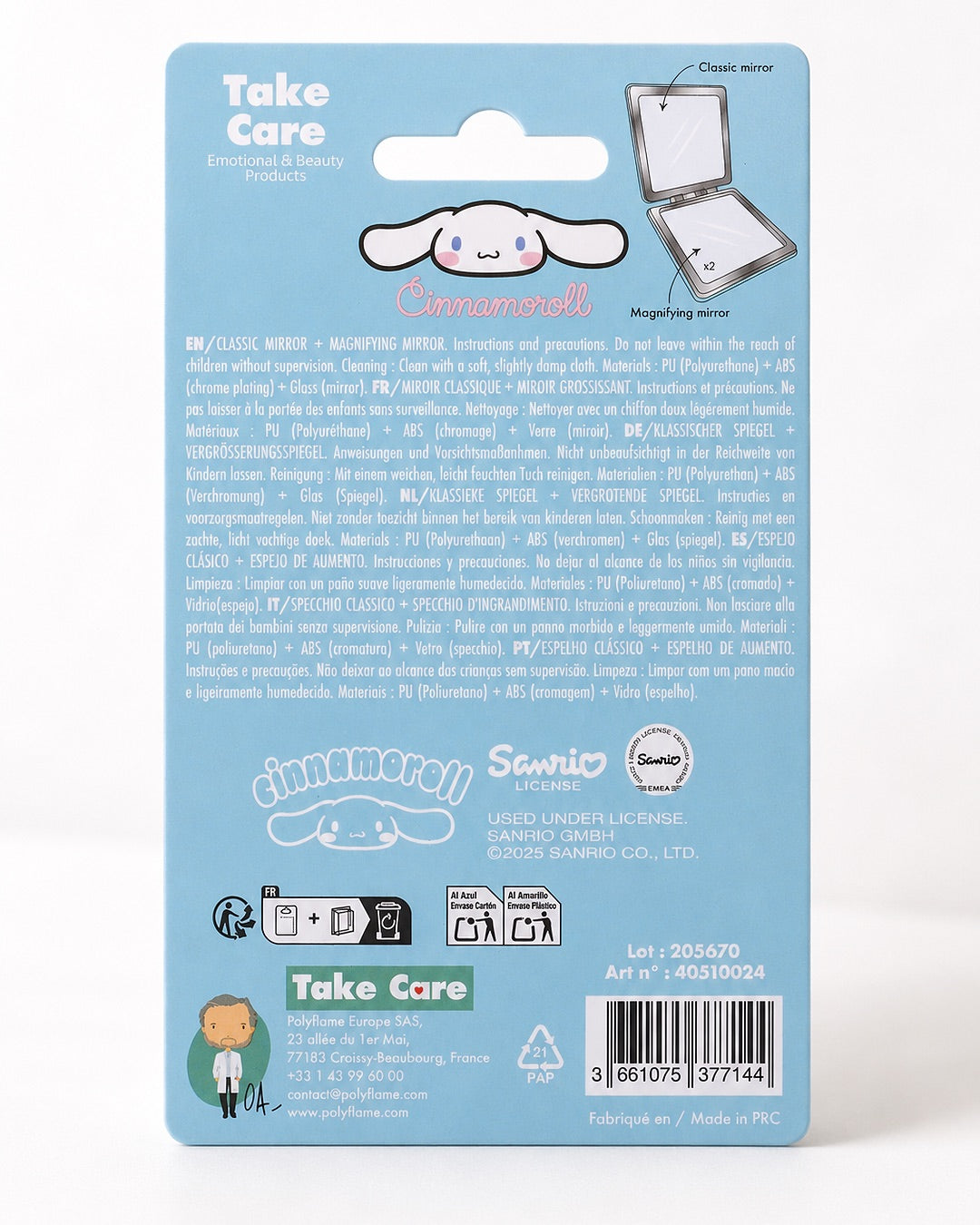 Miroir de poche carré et fermé de couleur bleu ciel avec une illustration de Cinnamoroll, des étoiles roses et des charnières métalliques.