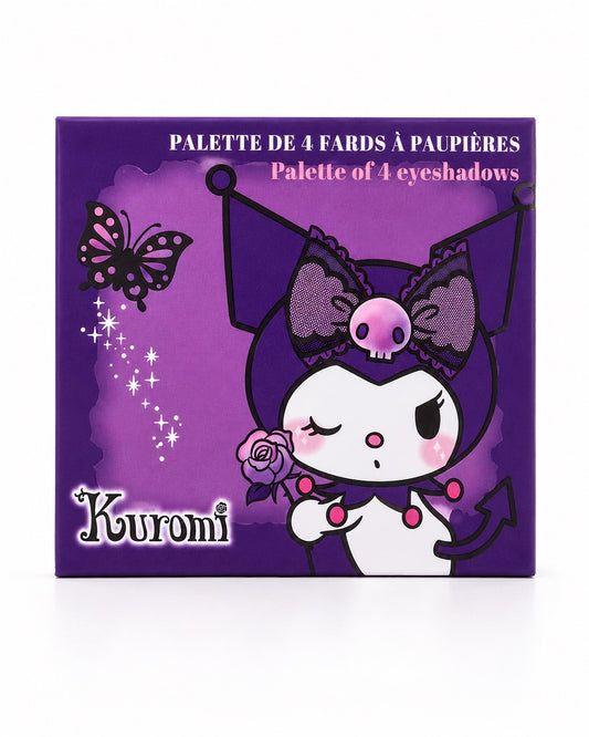 Vue de face de la boîte fermée violette d'une palette de 4 fards à paupières Kuromi Sanrio avec un motif de papillon.