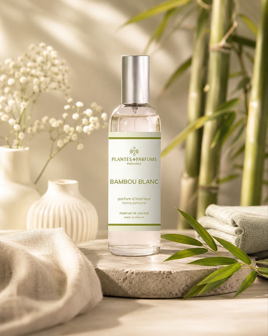 Parfum d’intérieur vaporisateur 100 ml, fragrance Bambou blanc de Plantes & Parfums. Contenant en verre, ambiance frais.