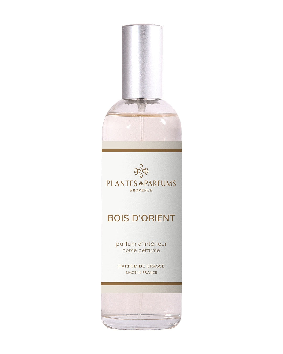 Parfum d’intérieur vaporisateur 100 ml, fragrance Bois d’Orient de Plantes & Parfums. Contenant en verre.
