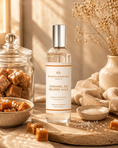 Parfum d’intérieur vaporisateur 100 ml, fragrance Caramel beurre salé de Plantes & Parfums. Contenant en verre, ambiance gourmande.