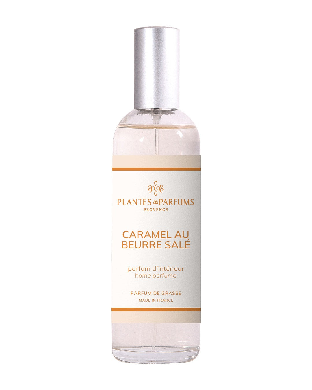 Parfum d’intérieur vaporisateur 100 ml, fragrance Caramel beurre salé de Plantes & Parfums. Contenant en verre.