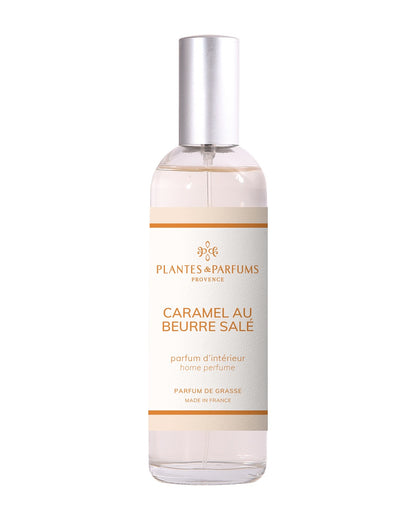 Parfum d’intérieur vaporisateur 100 ml, fragrance Caramel beurre salé de Plantes & Parfums. Contenant en verre.
