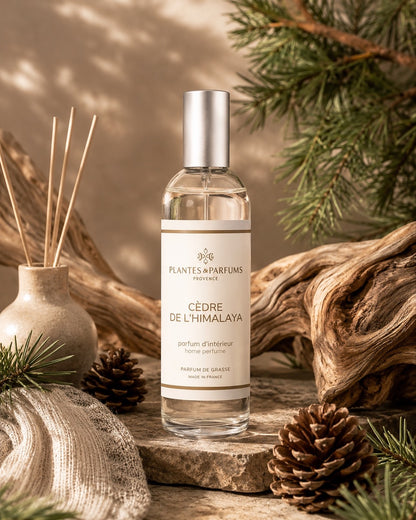 Parfum d’intérieur vaporisateur 100 ml, fragrance Cèdre de l'Himalaya de Plantes & Parfums. Contenant en verre, ambiance boisée.