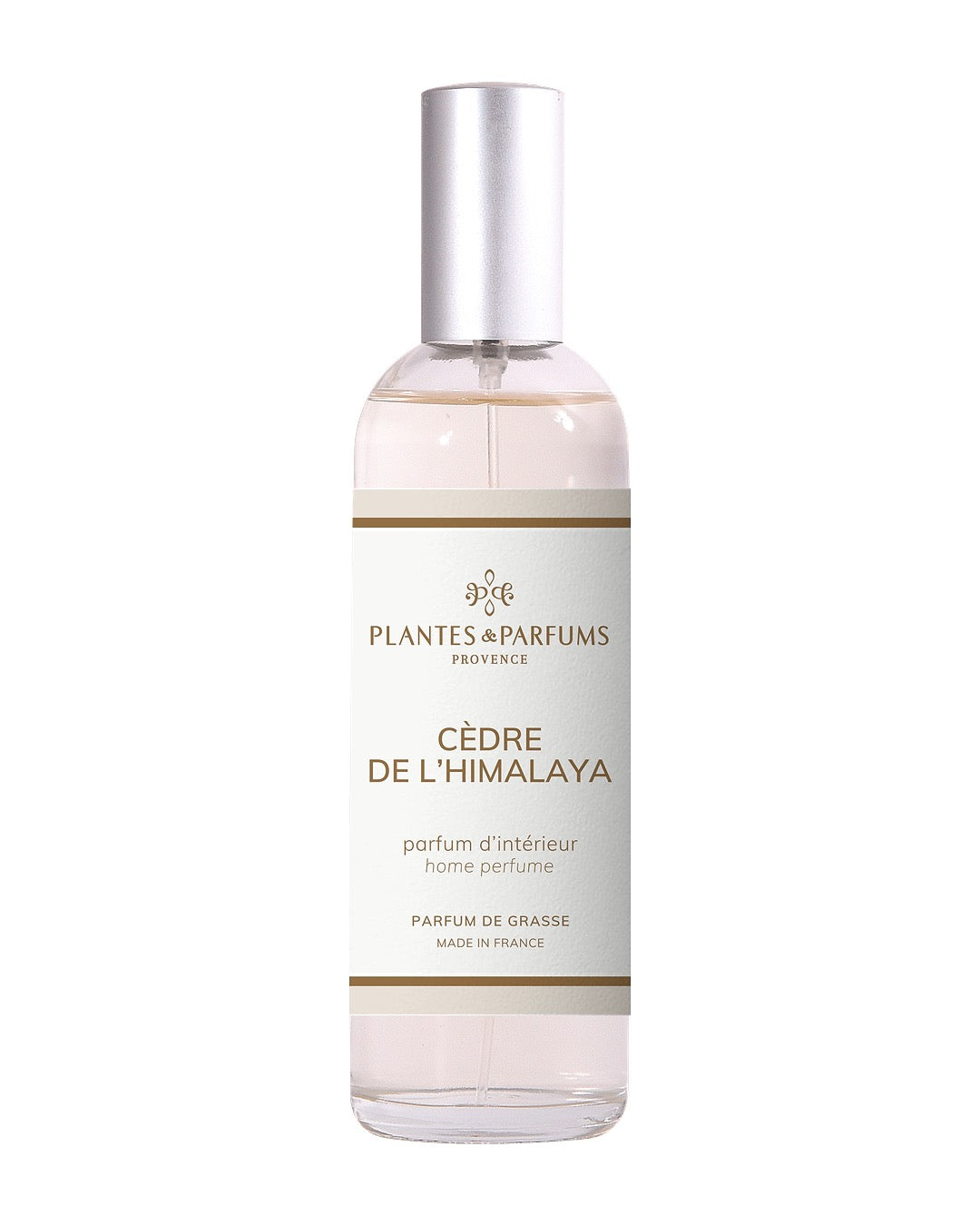 Parfum d’intérieur vaporisateur 100 ml, fragrance Cèdre de l'Himalaya de Plantes & Parfums. Contenant en verre.