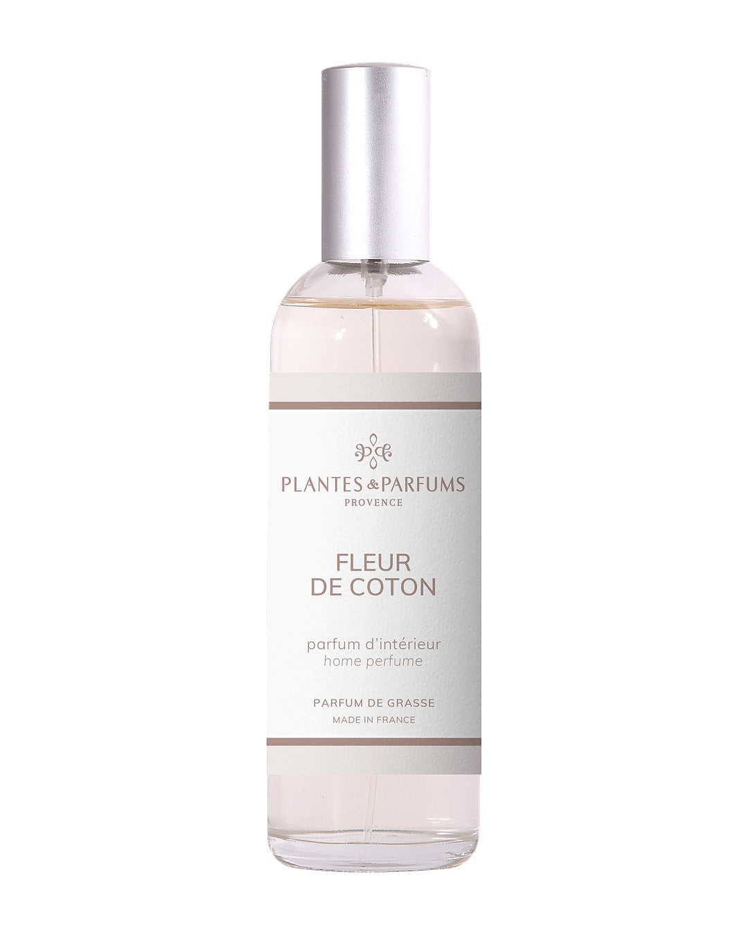 Parfum d’intérieur vaporisateur 100 ml, fragrance Fleur de coton de Plantes & Parfums. Contenant en verre.
