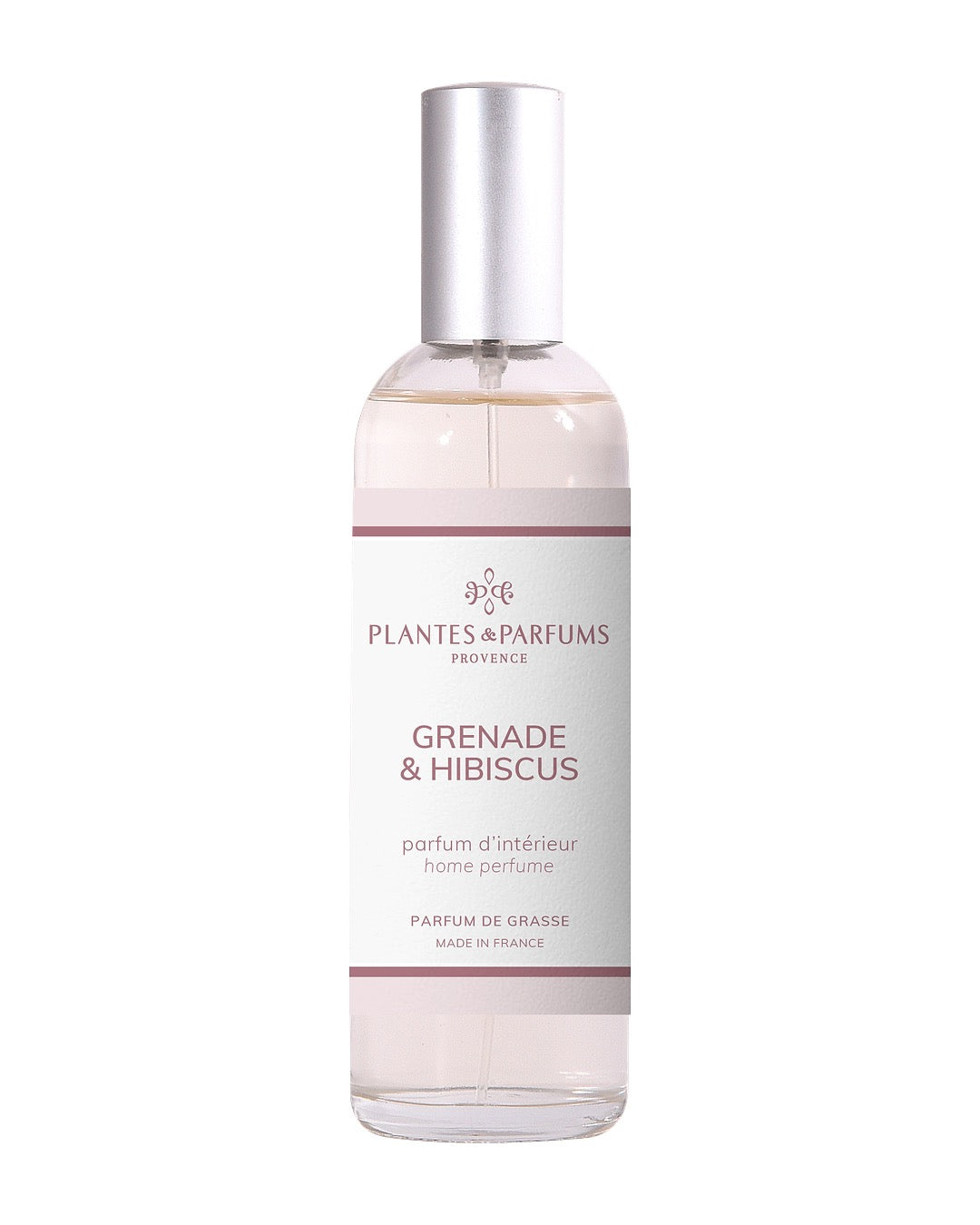 Parfum d’intérieur vaporisateur 100 ml, fragrance Grenade & Hibiscus de Plantes & Parfums. Contenant en verre.