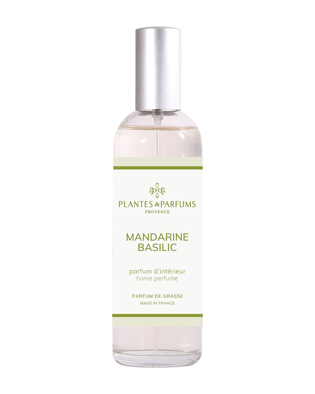Parfum d’intérieur vaporisateur 100 ml, fragrance Mandarine Basilic de Plantes & Parfums. Contenant en verre.