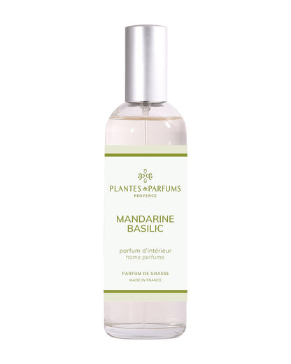 Parfum d’intérieur vaporisateur 100 ml, fragrance Mandarine Basilic de Plantes & Parfums. Contenant en verre.